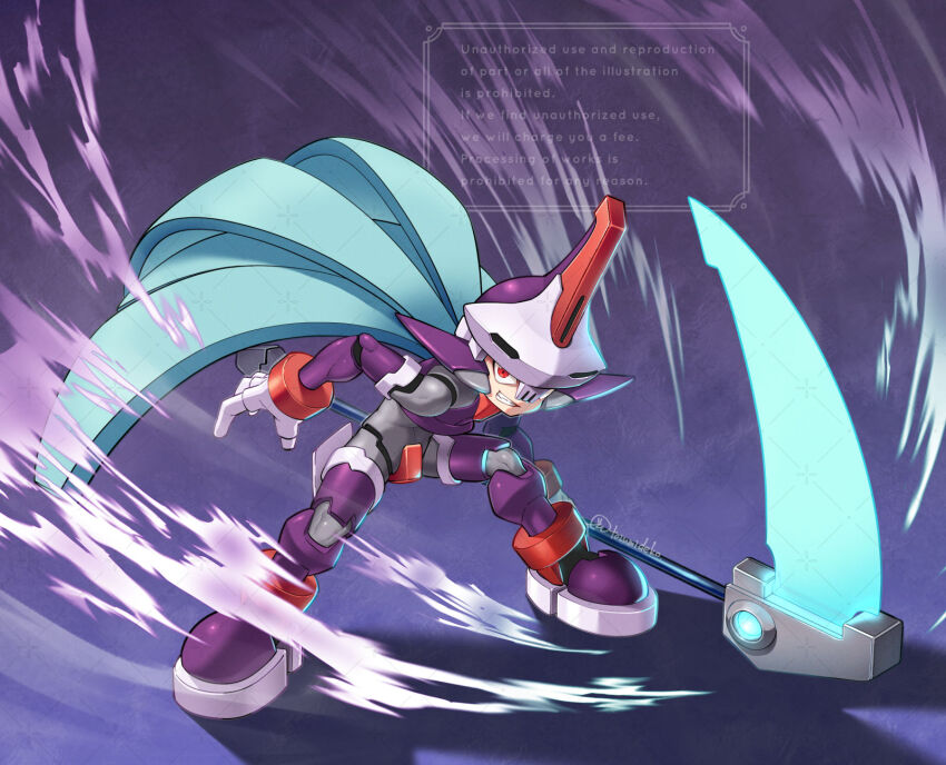 1boy android armor bent_over blue_hair commission energy_blade full_body helmet highres holding holding_scythe light_blue_hair long_hair looking_at_viewer male_focus mega_man_(series) mega_man_zx model_w_(mega_man) o_deko prometheus_(mega_man) purple_armor purple_helmet red_eyes scythe skull-shaped_hat smirk solo twitter_username watermark white_helmet