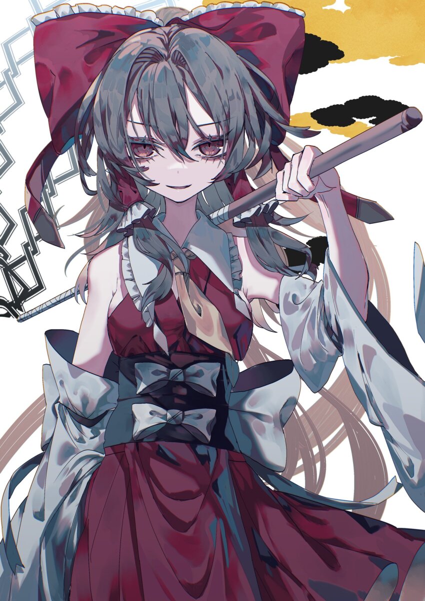 1girl alternate_hair_length alternate_hairstyle armpits ascot black_hair bow breasts collared_shirt contrast_collar detached_sleeves frilled_hair_tubes frilled_shirt_collar frills gohei hair_between_eyes hair_bow hair_tubes hakurei_reimu hand_in_pocket highres holding holding_gohei holding_weapon japanese_clothes large_bow long_hair looking_at_viewer miko muraryo red_bow red_eyes red_shirt red_skirt sash shirt sideboob skirt skirt_pocket sleeve_garter smile solo standing touhou very_long_hair weapon white_bow white_sash white_sleeves yellow_ascot