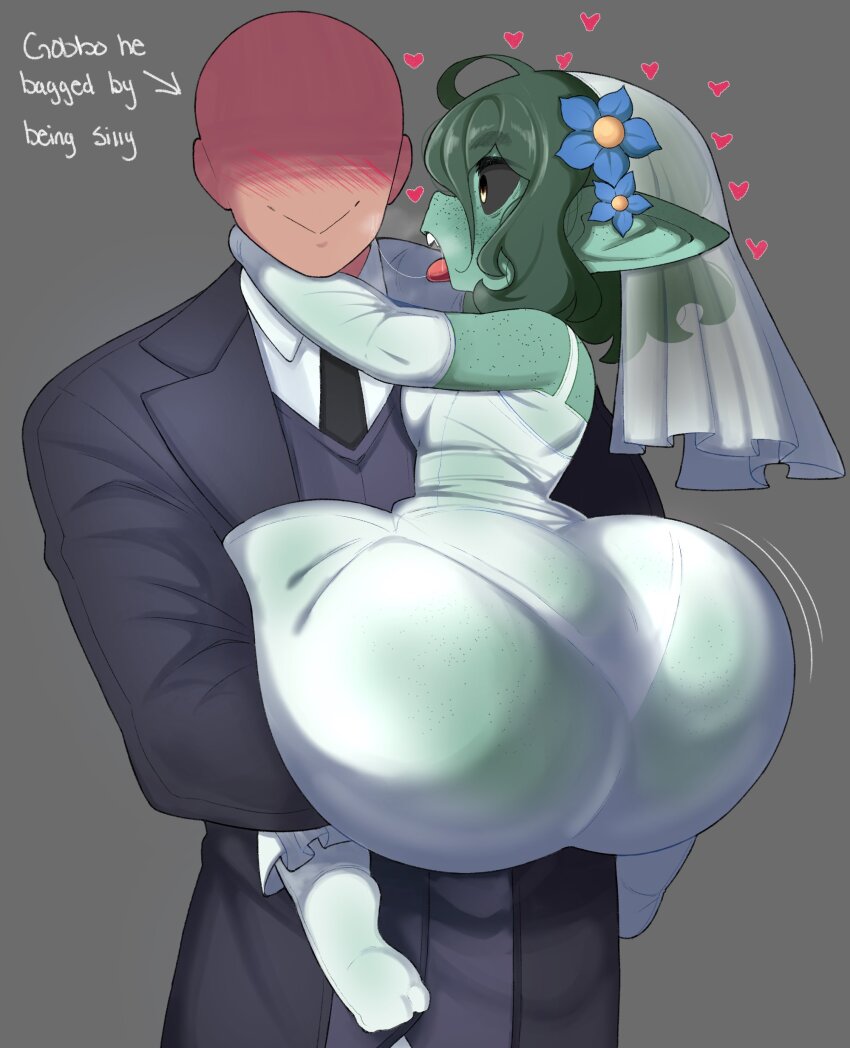 1boy 1girl absurdres after_kiss ahoge arm_around_neck ass bald black_necktie black_sclera black_shirt blush body_freckles bridal_veil colored_sclera colored_skin dress elbow_gloves english_text fang female_goblin flower freckles gloves goblin green_skin hair_flower hair_ornament headdress heart hetero highres huge_ass husband_and_wife lifting_person motion_lines muscular muscular_male necktie open_mouth original pointy_ears saliva saliva_trail shaded_face shirt short_hair simple_background smile tongue tongue_out tuxedo vammzu veil wedding_dress white_dress white_gloves wide_hips yellow_eyes
