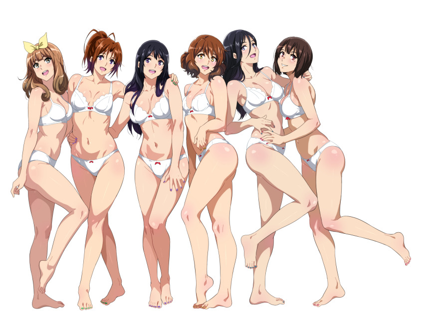 6+girls :d barefoot black_hair blue_eyes blue_nails bow bow_bra bow_panties bra breasts brown_eyes brown_hair commentary crotch_seam fingernails full_body green_nails grin hand_on_another&#039;s_hip hibike!_euphonium highres kousaka_reina large_breasts long_hair medium_breasts medium_hair mole mole_under_eye multiple_girls nail_polish nakagawa_natsuki nakaseko_kaori navel open_mouth oumae_kumiko panties purple_eyes purple_nails red_bow red_nails sbel02 short_hair side-by-side simple_background small_breasts smile standing stomach symbol-only_commentary tanaka_asuka thighs toenail_polish toenails underwear underwear_only white_background white_bra white_panties yellow_eyes yoshikawa_yuuko