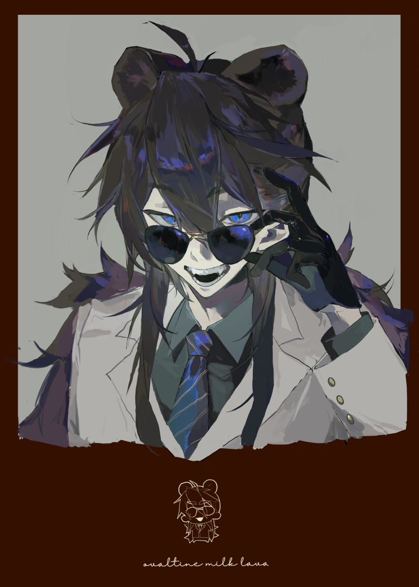 1boy absurdres adjusting_eyewear ahoge animal_ears bear_ears black_gloves black_hair blue_eyes blue_necktie buttons chibi chinese_commentary collared_shirt commentary_request diagonal-striped_clothes diagonal-striped_necktie fangs gloves green_shirt grey_jacket hair_between_eyes highres jacket kuma_(yoooooooo152) lapels long_hair long_sleeves male_focus multiple_views necktie notched_lapels open_mouth original shirt sidelocks smile striped_clothes sunglasses