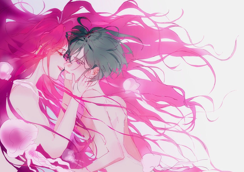 2girls absurdres alien_stage black_hair floating_hair hands_on_another&#039;s_face highres jellyfish juxing_baicai_gongji_renlei long_hair mizi_(alien_stage) multiple_girls nude open_mouth pink_hair short_hair smile sua_(alien_stage) very_long_hair