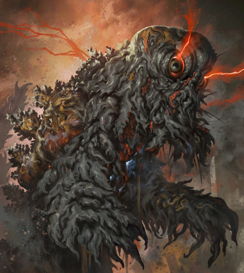 absurdres alien colored_sclera day debris destruction dust electricity energy energy_beam epic eye_beam giant giant_monster godzilla_(series) godzilla_vs._hedorah hedorah highres kaiju lightning_eyes long_tail mad_(artist) monster monster_focus no_humans oil_refinery red_electricity red_sclera slime_(creature) smoke smokestack space_monster tail toho yellow_eyes