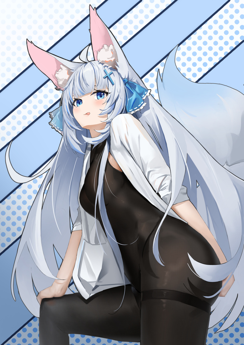 1girl absurdres ahoge animal_ear_fluff animal_ears blue_bow blue_eyes bodystocking bow cross_hair_ornament fengxue fox_ears fox_girl fox_tail frilled_bow frills hair_bow hair_ornament hand_on_own_knee highres open_clothes open_shirt original shirt tail thigh_strap thighs tongue tongue_out white_hair white_shirt