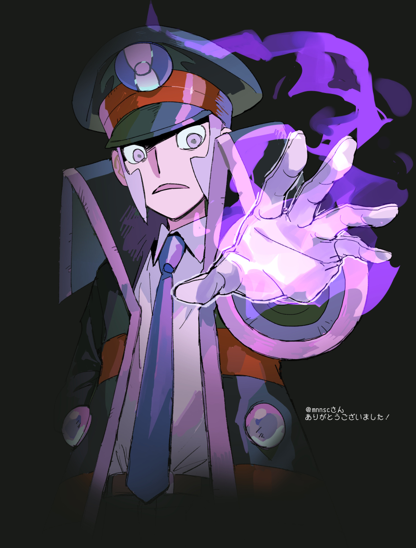 absurdres belt black_background black_coat black_hat black_pants blue_necktie coat collared_shirt creatures_(company) fire frown game_freak gloves grey_eyes grey_hair hat highres ingo_(pokemon) looking_down necktie nintendo onigiri_(ahku5522) open_mouth pants pokemon pokemon_bw purple_fire reaching reaching_towards_viewer shirt short_hair sideburns white_gloves white_shirt