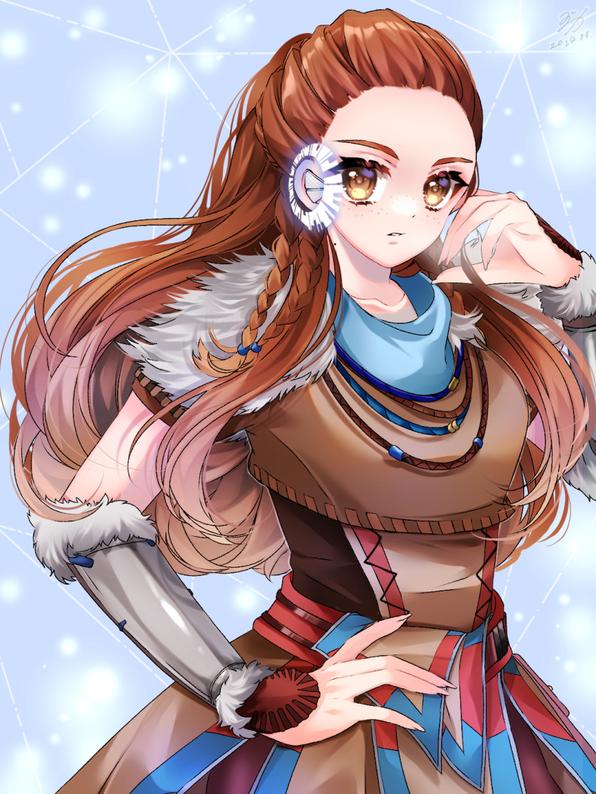 1girl aloy_(horizon) braid breasts brown_dress brown_eyes collarbone dated dress fingernails genshin_impact hand_on_own_hip highres horizon_(video_game) horizon_zero_dawn long_fingernails long_hair looking_at_viewer parted_lips signature small_breasts solo very_long_hair yuzuca_(trickster4594)