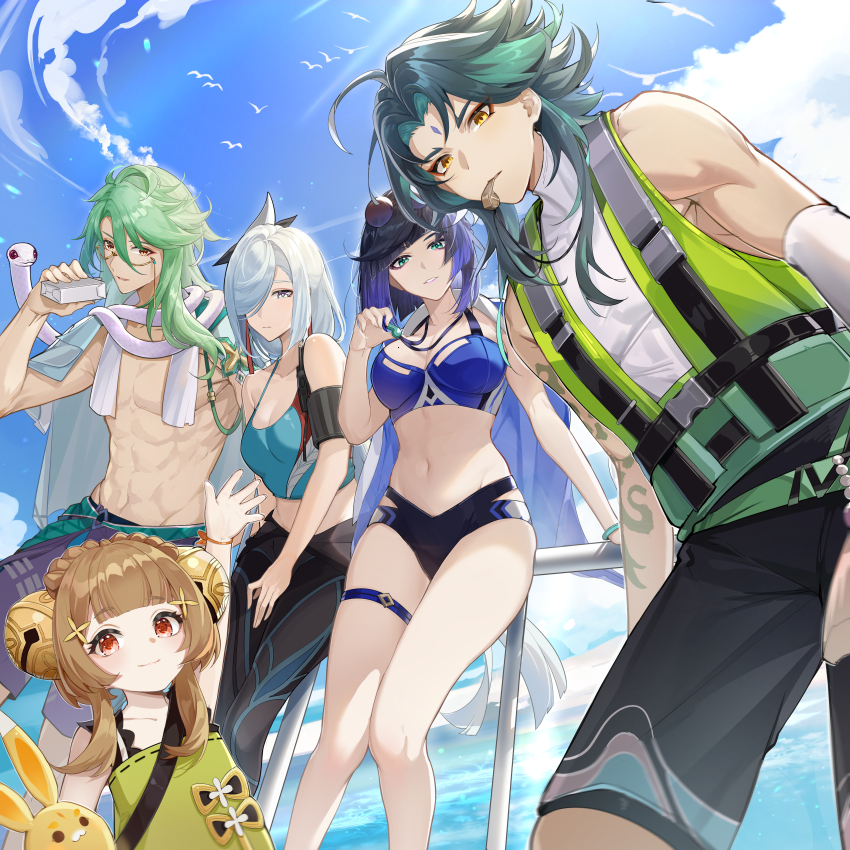 2boys 3girls :3 absurdres against_railing ahoge alternate_costume animal animal_around_neck arm_strap arm_tattoo baizhu_(genshin_impact) bare_shoulders bell bikini black_bikini black_male_swimwear black_pants blue_bikini blue_eyes blue_hair blue_jacket blue_shirt blue_sky blurry bracelet braid breasts brown_hair changsheng_(genshin_impact) closed_mouth collarbone crop_top dearduam depth_of_field diagonal_bangs diamond-shaped_pupils diamond_(shape) dress earrings eyeliner eyewear_on_head facial_mark forehead_mark from_below genshin_impact glasses green_dress green_eyes green_hair hair_bell hair_between_eyes hair_ornament hair_over_one_eye hand_on_railing hand_up highres hip_vent holding holding_whistle jacket jacket_on_shoulders jewelry jingle_bell juice_box life_vest lipstick long_hair looking_at_viewer looking_down makeup male_swimwear medium_breasts mole mole_on_breast mouth_hold multicolored_eyes multiple_boys multiple_girls navel outdoors pants parted_bangs parted_lips purple_eyeliner purple_eyes purple_lips purple_male_swimwear railing red_eyeliner red_eyes shenhe_(genshin_impact) shirt short_hair short_hair_with_long_locks sidelocks sky sleeveless sleeveless_dress sleeveless_turtleneck snake sunglasses swim_trunks swimsuit symbol-shaped_pupils tassel tattoo thigh_strap topless_male turtleneck two-tone_eyes walkie-talkie waving whistle whistle_around_neck white_hair white_shirt white_snake xiao_(genshin_impact) yaoyao_(genshin_impact) yelan_(genshin_impact) yellow-framed_eyewear yellow_eyes yoga_pants yuegui_(genshin_impact)
