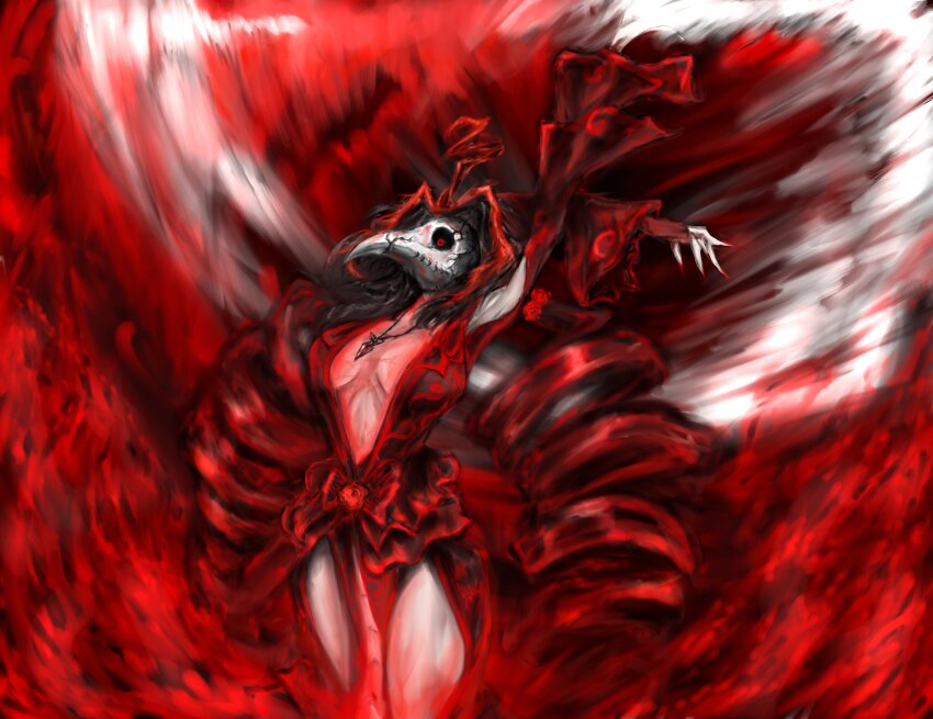 1girl absurdres breasts cleavage dress drill_hair faceless frilled_dress frills hen_na highres jewelry limbus_company long_hair mask multicolored_hair nail_polish necklace nicolina_(project_moon) outstretched_arms plague_doctor_mask project_moon red_dress red_eyes red_nails red_streaks see-through_cleavage see-through_clothes see-through_dress solo stitches streaked_hair twin_drills upper_body wide_sleeves