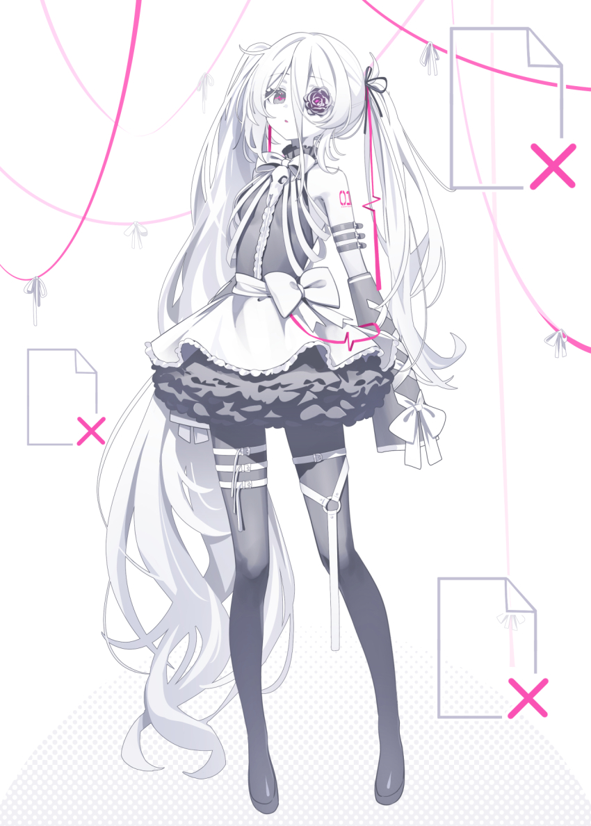 1girl black_shoes bow breasts cardiogram commentary deadnooodles detached_sleeves flower flower_over_eye full_body grey_eyes grey_pantyhose grey_shirt grey_sleeves hair_between_eyes halftone halftone_background hatsune_miku highres long_hair long_sleeves pantyhose parted_lips ribs shirt shoes skirt sleeveless sleeveless_shirt sleeves_past_fingers sleeves_past_wrists small_breasts solo standing symbol-only_commentary twintails uneven_twintails very_long_hair vocaloid white_background white_bow white_hair white_skirt