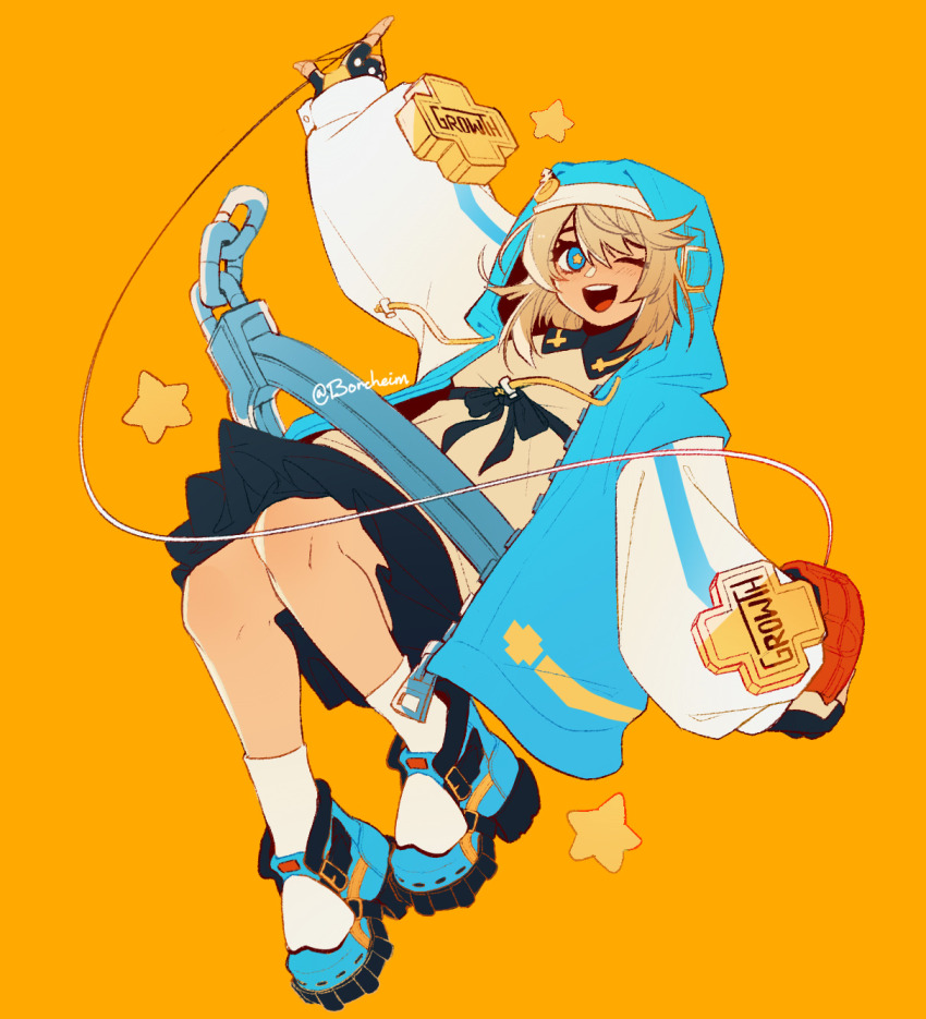 1boy androgyne_symbol artist_name black_gloves blonde_hair blue_jacket blush borcheim bridget_(guilty_gear) commentary cuffs fingerless_gloves gloves guilty_gear guilty_gear_strive handcuffs highres hood hood_up hooded_jacket hoodie jacket long_sleeves male_focus medium_hair one_eye_closed open_clothes open_hoodie open_mouth skirt socks star-shaped_pupils star_(symbol) symbol-shaped_pupils trap twitter_username white_socks yo-yo