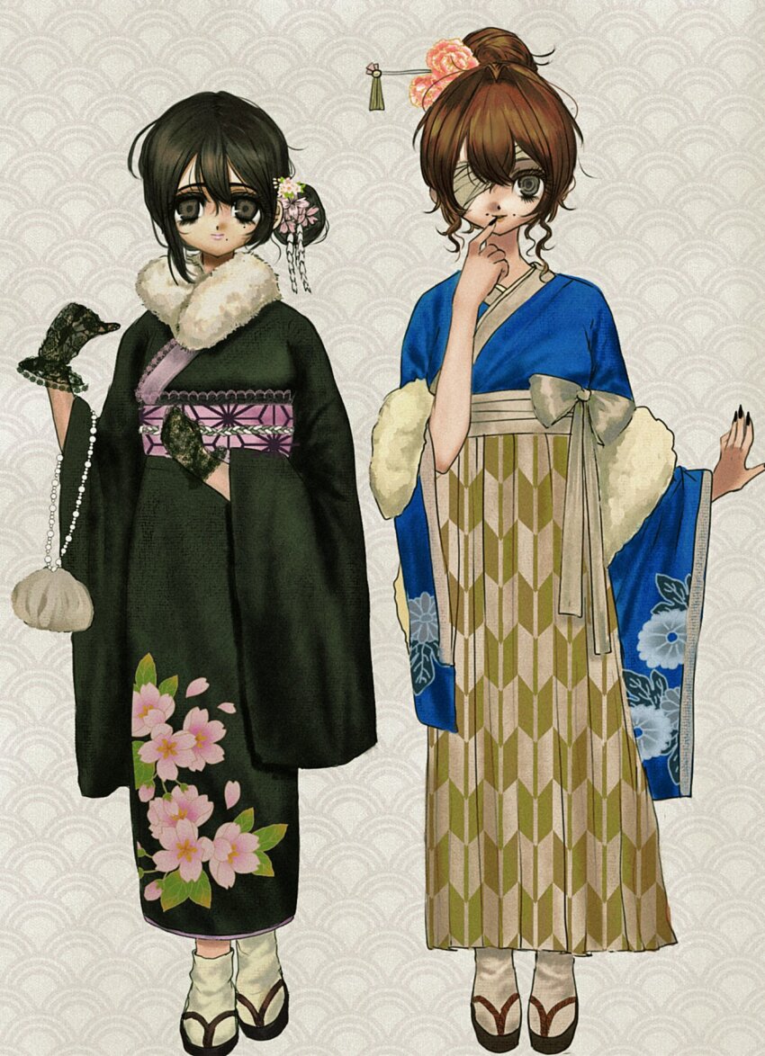 2girls asa_no_ha_(pattern) bandage_over_one_eye black_eyes black_gloves black_hair black_kimono black_nails blue_kimono brown_hair floral_print flower full_body fuquan9921 furisode gloves hair_bun hair_ornament hair_stick hakama highres japanese_clothes kanzashi kimono kinchaku lace lace_gloves lace_trim long_sleeves looking_at_viewer multiple_girls obi original patterned_background pouch print_kimono sandals sash seigaiha single_hair_bun skirt smile socks standing tabi wide_sleeves yagasuri
