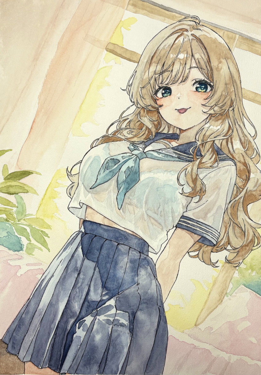 1girl :p absurdres blue_bra blue_neckerchief blue_sailor_collar blue_skirt bra bra_visible_through_clothes breasts brown_hair closed_mouth commentary_request cowboy_shot green_eyes highres large_breasts lensia long_hair looking_at_viewer neckerchief original painting_(medium) pleated_skirt sailor_collar school_uniform serafuku shirt short_sleeves skirt smile tongue tongue_out traditional_media underwear watercolor_(medium) wet wet_clothes wet_shirt white_shirt