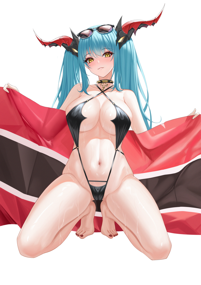 1girl absurdres azur_lane black_one-piece_swimsuit black_slingshot_swimsuit blue_hair breasts choker criss-cross_halter dragon_girl eyewear_on_head flag full_body halterneck highres holding holding_flag horns large_breasts long_hair looking_at_viewer mechanical_horns nanqizizhou official_alternate_costume one-piece_swimsuit regensburg_(azur_lane) regensburg_(dark_dragon_brilliant_beach)_(azur_lane) semi-circular_eyewear simple_background slingshot_swimsuit slit_pupils solo spiked_choker spikes stomach swimsuit twintails wet white_background yellow_eyes