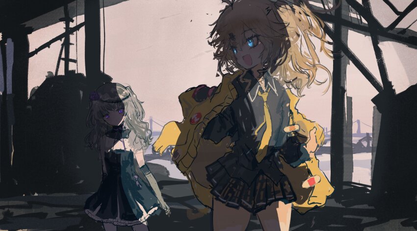 2girls absurdres black_dress black_shirt blonde_hair blue_eyes brown_skirt cardigan_partially_removed collared_shirt commentary_request day dress elbow_gloves fang flower gloves grey_gloves grey_hair hair_flower hair_ornament head_tilt highres kabuyama_kaigi kasukabe_tsumugi long_hair looking_at_another looking_back meimei_himari miniskirt multiple_girls open_mouth plaid_clothes plaid_skirt purple_eyes ruins shadow shirt short_dress skirt smile standing two_side_up voicevox