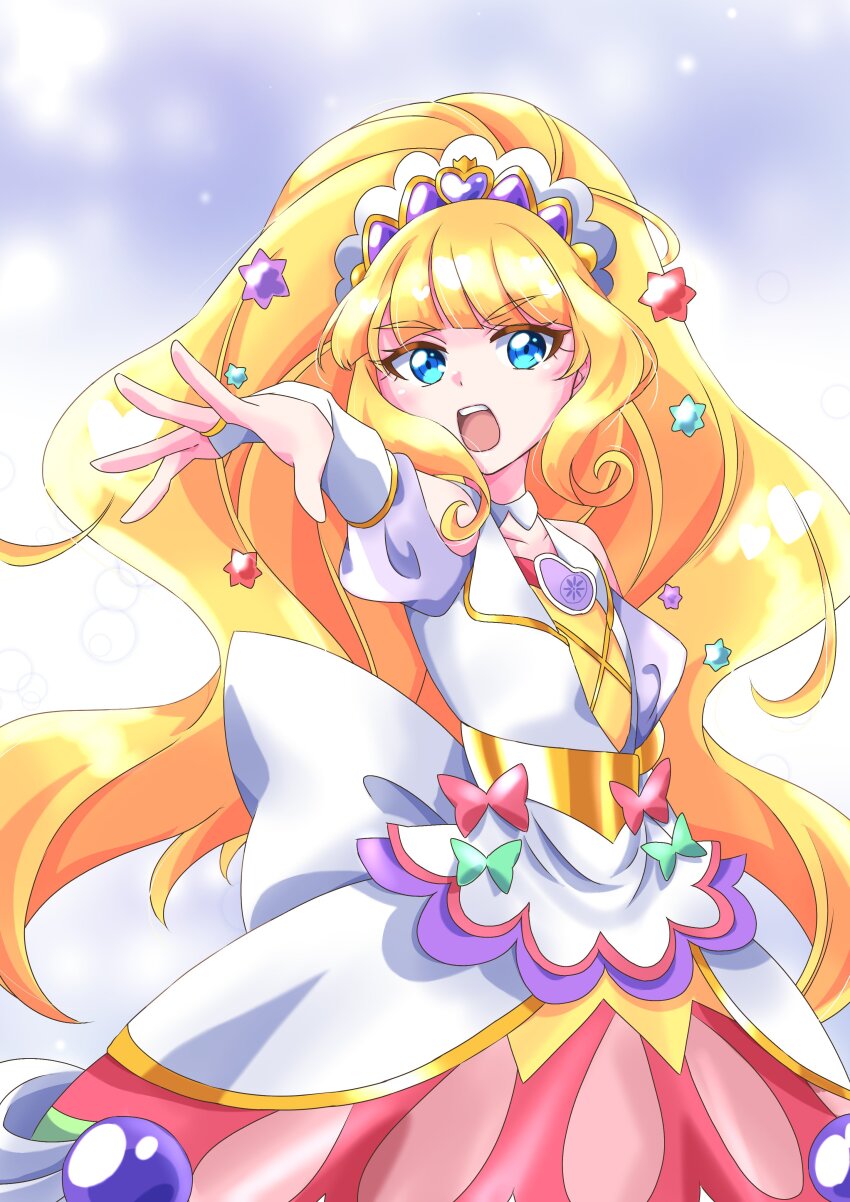 1girl arm_warmers blonde_hair blue_eyes blush brooch clothing_cutout cure_finale delicious_party_precure dress hina12_ko20 jewelry kasai_amane long_hair magical_girl multicolored_dress open_mouth precure shoulder_cutout solo tiara