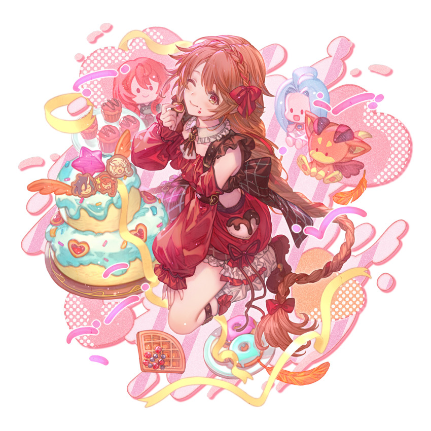 brown_hair cake character_doll chocolate doll fenie_(granblue_fantasy) food granblue_fantasy hair_tie long_hair looking_at_viewer low-tied_long_hair lyria_(granblue_fantasy) minaba_hideo sabrina_(granblue_fantasy) vyrn_(granblue_fantasy)
