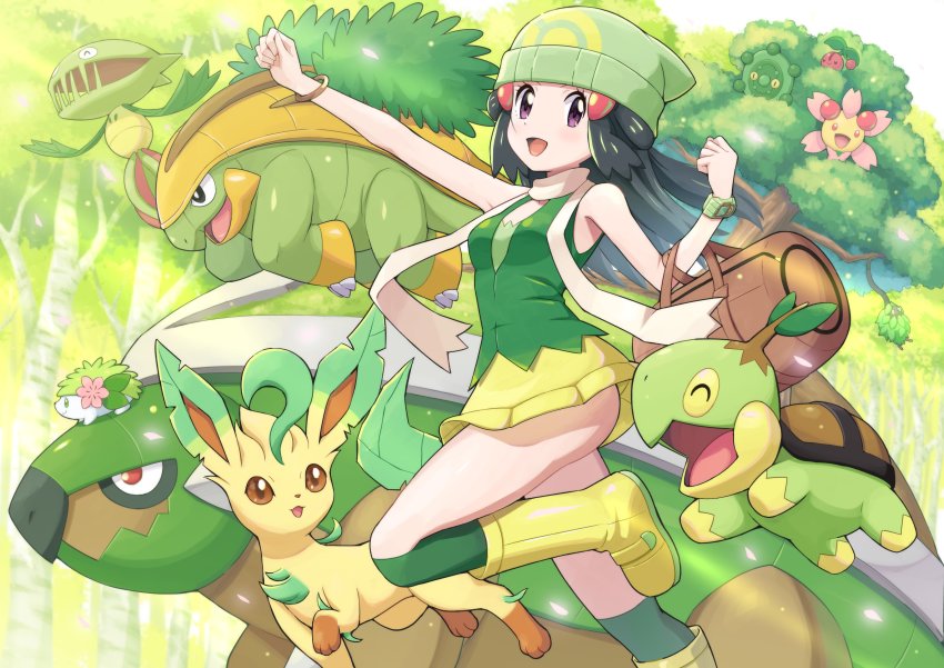 1girl absurdres alternate_color ass bag beanie black_hair boots bracelet bronzor brown_bag burmy burmy_(plant) carnivine cherrim cherrim_(sunshine) cherubi clenched_hands commentary_request dawn_(pokemon) duffel_bag eyelashes gen_4_pokemon green_headwear green_shirt green_thighhighs grotle hair_ornament hairclip hat highres jewelry leafeon legendary_pokemon long_hair mythical_pokemon nintendo open_mouth over-kneehighs pokemoa pokemon pokemon_(creature) pokemon_dppt pokemon_masters_ex purple_eyes scarf shaymin shaymin_(land) shiny_pokemon shirt skirt sleeveless sleeveless_shirt smile thighhighs tongue torterra tree turtwig white_scarf yellow_boots yellow_skirt