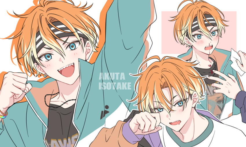 18trip 1boy aqua_jacket arm_up black_shirt blood blood_on_chest blood_on_clothes blush bracelet character_name clenched_hand disembodied_hand ear_piercing earrings hair_between_eyes headband isotake_akuta jacket jewelry long_sleeves looking_at_another looking_at_viewer male_focus multicolored_hair multicolored_jacket multiple_views necklace nosebleed open_mouth orange_hair piercing print_shirt rubbing_eyes saliva sekina sharp_teeth shirt simple_background single_earring striped_clothes striped_headband striped_headwear t-shirt teeth tissue tongue two-tone_hair undershirt upper_teeth_only white_background
