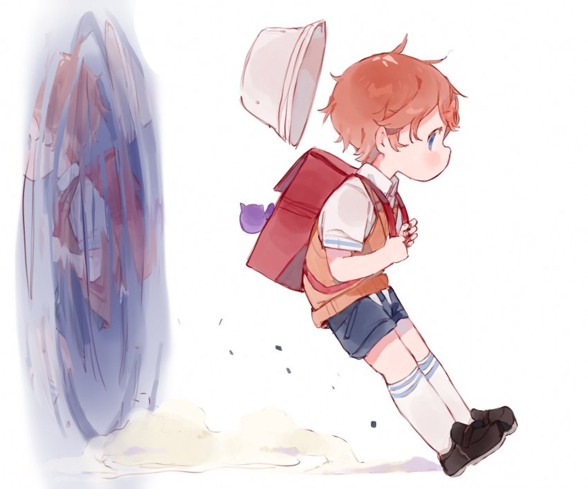 1boy bag child commentary english_commentary hat highres male_focus nemui_(nemuriyagi) orange_hair original school_bag short_hair short_sleeves shorts smile socks solo suspenders time_machine time_travel