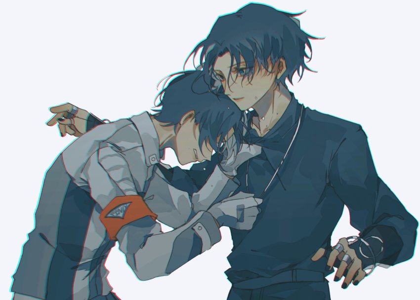 2boys adk-em aqua_eyes armband bandai bandai_namco black_hair black_nails black_shirt bracelet clothes_grab crying cyuer11 darkness evil_grin evil_smile fenix_uniform gloves goth_fashion green_eyes grin gun highres holding holding_weapon igarashi_daiji imminent_hug ishimori_prod jewelry kagerou_(kamen_rider_revice) kamen_rider kamen_rider_revice light male_focus military military_uniform multiple_boys multiple_rings nail_polish ring sad shirt shirt_grab smile stamp_mark toei_company tokusatsu tv_asahi upper_body vistamp weapon white_gloves