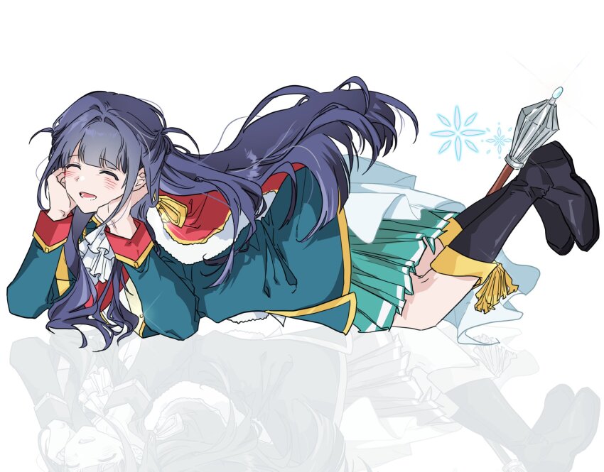 1girl ^_^ aqua_jacket ascot black_boots black_hair blunt_bangs blunt_ends blush boots bow closed_eyes commentary_request feet_up floating_hair full_body fur-trimmed_jacket fur_trim green_skirt hands_on_own_cheeks hands_on_own_face head_rest highres jacket jacket_on_shoulders knee_boots korean_commentary long_hair long_sleeves lower_teeth_only lying mace miniskirt on_stomach open_clothes open_jacket parted_lips pleated_skirt red_jacket reflection shoujo_kageki_revue_starlight simple_background single_stripe skirt solo striped_clothes striped_skirt tassel teeth tsuyuzaki_mahiru two_side_up very_long_hair waist_cape weapon white_ascot white_background yayaho
