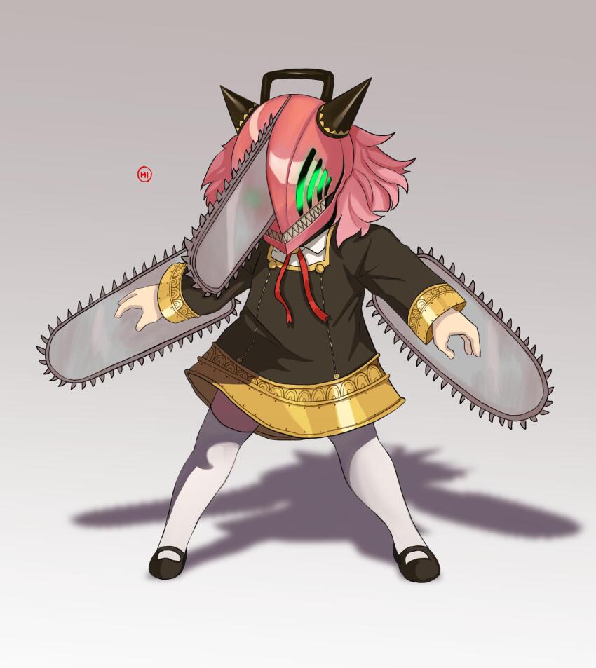 0homi 1girl absurdres anya_(spy_x_family) black_dress black_horns chainsaw chainsaw_man child commentary cosplay denji_(chainsaw_man) denji_(chainsaw_man)_(cosplay) dress eden_academy_school_uniform full_body highres horns jpeg_artifacts medium_dress pink_hair school_uniform shadow sharp_teeth signature solo spy_x_family teeth thighhighs white_thighhighs