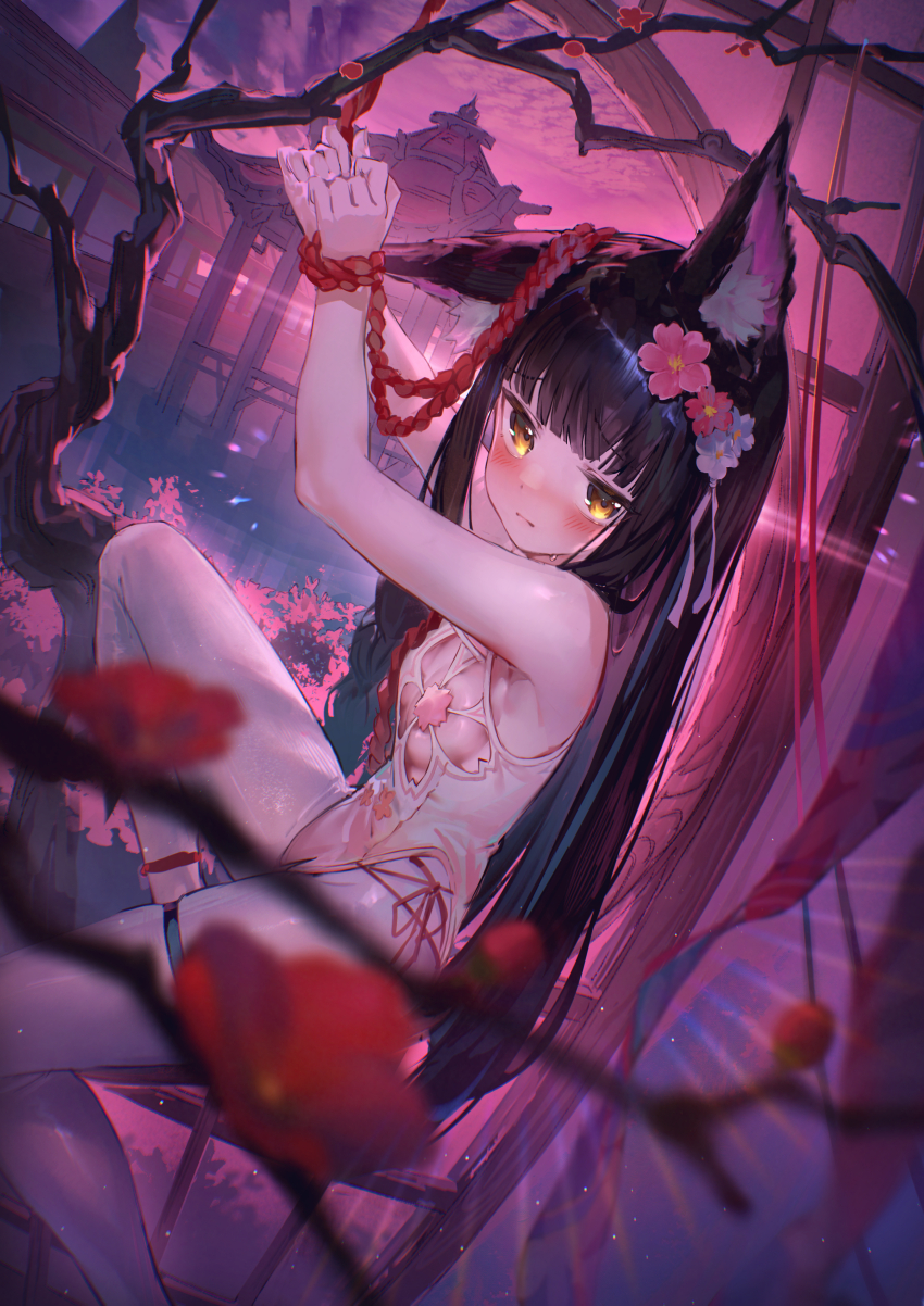 1girl absurdres animal_ear_fluff animal_ears azur_lane black_hair bound bound_wrists breasts dress flower hair_flower hair_ornament highres long_hair medium_breasts nagato_(azur_lane) nagato_(guardian_fox&#039;s_blessed_bonds)_(azur_lane) pantyhose rope shimenawa sitting sleeveless sleeveless_dress solo very_long_hair white_pantyhose yellow_eyes yu_hydra