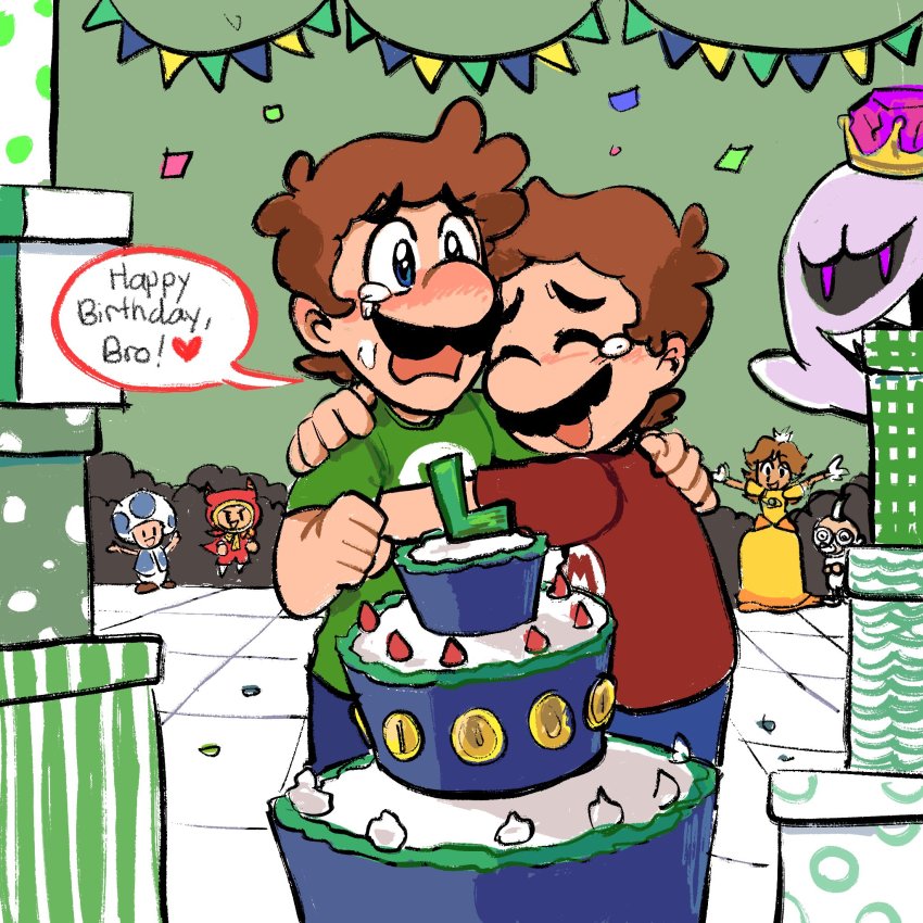 2girls 3boys brothers brown_hair cake dress facial_hair food ghost happy happy_birthday highres holding hug king_boo luigi luigi&#039;s_mansion mario mario_&amp;_luigi_rpg mario_&amp;_luigi:_dream_team mario_&amp;_luigi_rpg mario_(series) multiple_boys multiple_girls mustache nintendo open_mouth orange_dress party prince_dreambert princess_daisy professor_elvin_gadd siblings standing super_mario_bros._1 super_mario_land tears toad_(mario)