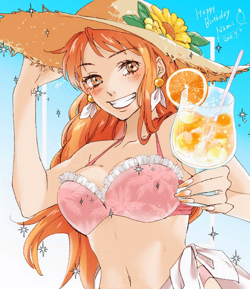 1girl bare_arms bare_shoulders bikini birthday blue_sky blush breasts brown_eyes character_name collarbone commentary cup dated drink drinking_straw earrings flower food frilled_bikini frills fruit grin hand_on_headwear happy_birthday hat hat_flower highres holding holding_cup holding_drink jewelry large_breasts long_hair looking_at_viewer mandarin_orange matsuda_(louol) nail_polish nami_(one_piece) navel one_piece orange_(fruit) orange_hair orange_slice pearl_earrings pink_bikini sky smile solo sparkle stomach straw_hat sunflower swimsuit upper_body wavy_hair