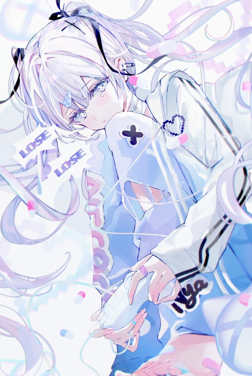 1girl bandaged_neck bandages barefoot black_ribbon blue_eyes blue_pants blush closed_mouth commentary grey_hair hair_ornament hair_ribbon highres jacket long_hair long_sleeves looking_at_viewer original pants ribbon shia_job sitting sleeves_past_wrists solo symbol-only_commentary twintails white_jacket x_hair_ornament