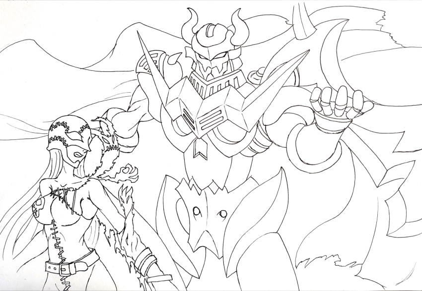 darkknightmon demon demon_girl digimon digimon_(creature) fallen_angel highres ladydevimon long_hair mask