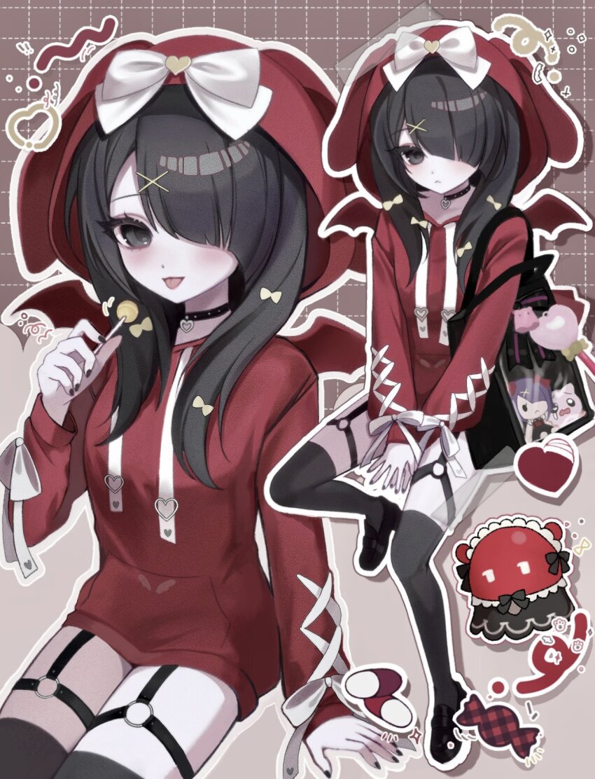 1girl ame-chan_(needy_girl_overdose) ame-chan_(needy_girl_overdose_exhibition)_(needy_girl_overdose) animal_ear_hood bag black_bag black_choker black_eyes black_hair black_nails black_thighhighs bow candy character_doll choker drawstring fake_animal_ears fingernails food hair_bow hair_ornament hair_over_one_eye heart heart_choker highres holding holding_candy holding_food holding_lollipop hood hood_up hoodie lollipop nail_polish needy_girl_overdose official_alternate_costume one_eye_covered pien_cat_(needy_girl_overdose) red_hoodie shoulder_bag thigh_strap thighhighs tongue tongue_out ttede_(0984mony) x_hair_ornament yellow_bow