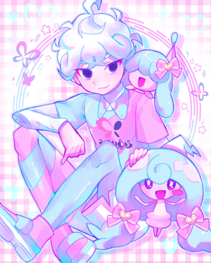 1boy bede_(pokemon) closed_mouth collared_shirt commentary_request curly_hair gen_8_pokemon happy hatenna hattrem highres iro_(mywife_sunny) knees leggings looking_at_viewer male_focus multicolored_leggings multicolored_shirt nintendo on_shoulder pink_shoes pokemon pokemon_(creature) pokemon_on_shoulder pokemon_swsh purple_eyes shirt shoes short_hair shorts sitting smile undershirt white_hair