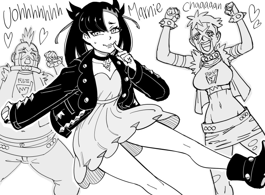 1boy 2girls absurdres bb_(baalbuddy) black_hair black_jacket character_name emoji english_text greyscale highres jacket long_hair marnie_(pokemon) meme monochrome multiple_girls navel nintendo open_mouth pokemon pokemon_swsh team_yell team_yell_grunt team_yell_grunt_(female) uohhhhhhhhh!_(meme)
