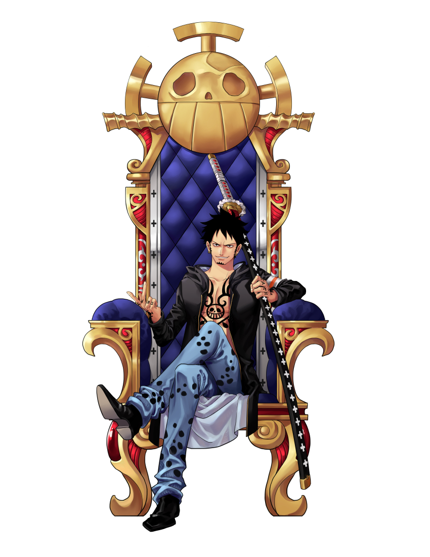 1boy abs absurdres bare_pectorals black_eyes blue_pants chair crossed_legs facial_hair full_body goatee grin hand_tattoo highres hood hood_down kuzen long_legs long_sideburns long_sleeves looking_at_viewer male_focus one_piece pants pectorals short_hair sideburns simple_background sitting smile solo tattoo throne toned toned_male trafalgar_law white_background