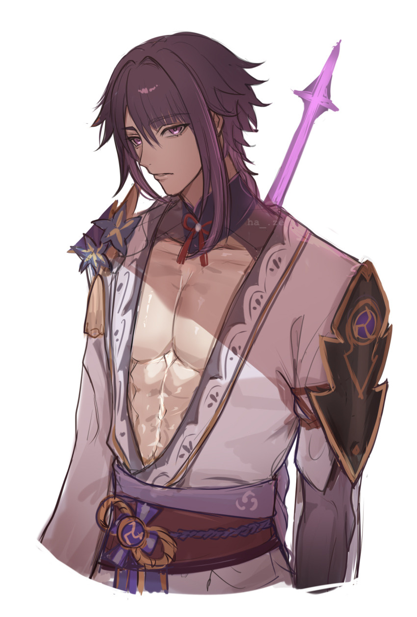 1boy alternate_costume alternate_universe armor artist_name bishounen blue_flower braid brown_hair collarbone commentary_request flower genderswap genderswap_(ftm) genshin_impact haze_(ha_ze) highres holding holding_behind_back holding_polearm holding_polearm_behind_back holding_weapon holding_weapon_behind_back japanese_clothes large_pectorals long_hair looking_at_viewer male_focus mitsudomoe_(shape) mole mole_under_eye muscular muscular_male obi obiage obijime open_mouth parted_lips pectorals polearm purple_eyes purple_flower raiden_shogun sash shoulder_armor simple_background solo tassel tomoe_(symbol) toned toned_male upper_body watermark weapon white_background