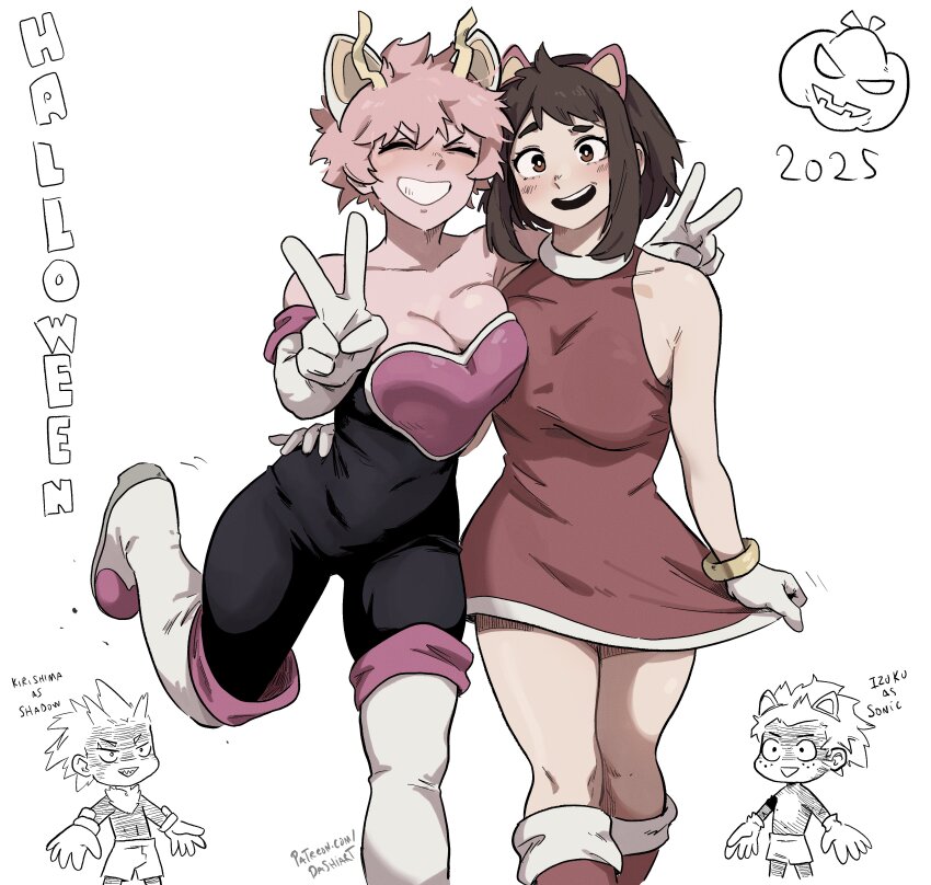 2025 2boys 2girls absurdres animal_ears ashido_mina asymmetrical_docking boku_no_hero_academia boots breast_press breasts cleavage collarbone colored_skin cosplay dashi_(dashiart) double_v dress fake_animal_ears foreshortening gloves grin hand_on_another&#039;s_hip hands_up highres kirishima_eijiro large_breasts midoriya_izuku multiple_boys multiple_girls patreon_username pink_hair pink_skin smile spiked_hair standing standing_on_one_leg thigh_boots thighs uraraka_ochako v v-shaped_eyebrows