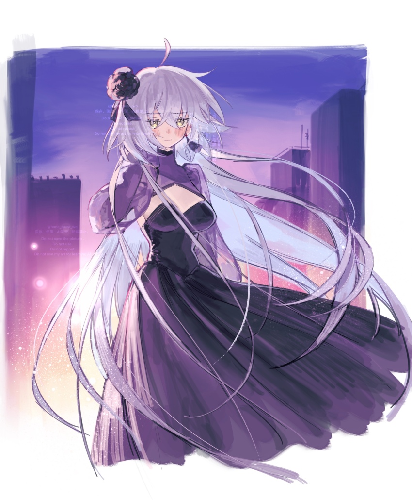 1girl ahoge blush breasts cleavage dress fate/grand_order fate_(series) flower grey_hair hair_flower hair_ornament highres jeanne_d&#039;arc_alter_(fate) jeanne_d&#039;arc_alter_(over_the_same_sky)_(fate) large_breasts long_hair long_sleeves looking_at_viewer purple_dress purple_shrug solo sugomori_tsuru_(hana_tsuru_wo) very_long_hair yellow_eyes