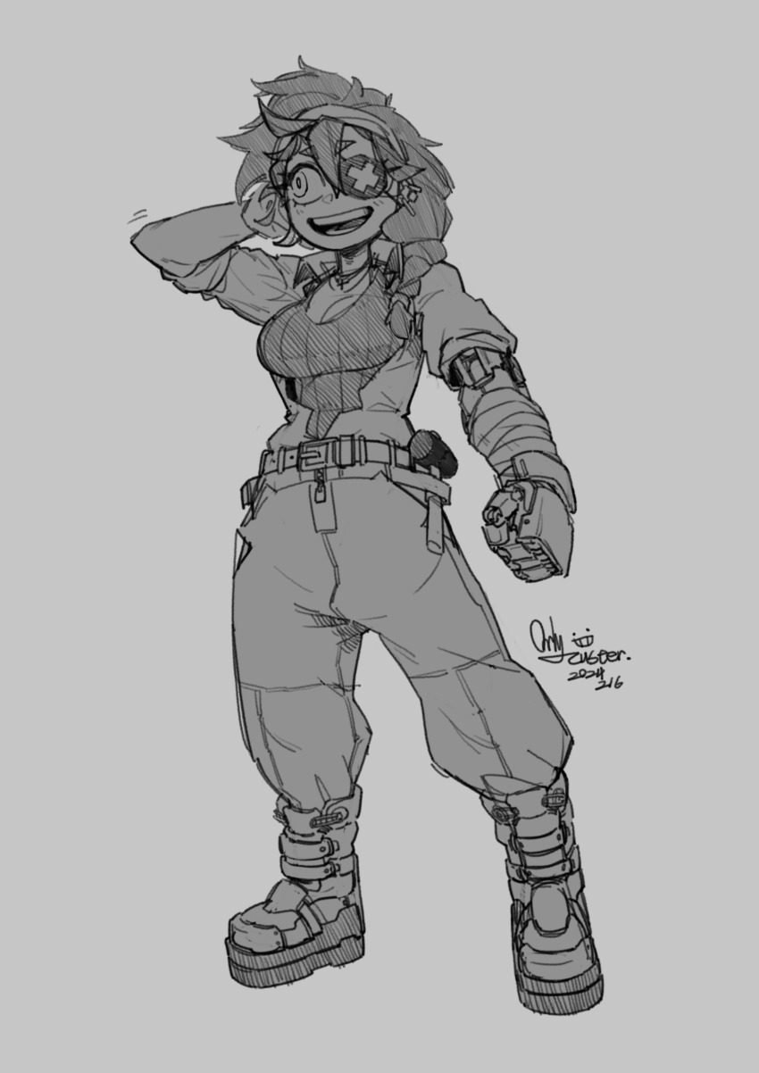 1girl absurdres arm_behind_head boots braid breasts cleavage dated ear_piercing earrings eyepatch full_body greyscale hair_over_shoulder headband highres jacket jewelry large_breasts mallet mechanical_arms monochrome open_clothes open_jacket open_mouth original orly_custer pants piercing prosthesis prosthetic_arm signature single_braid single_mechanical_arm smile solo