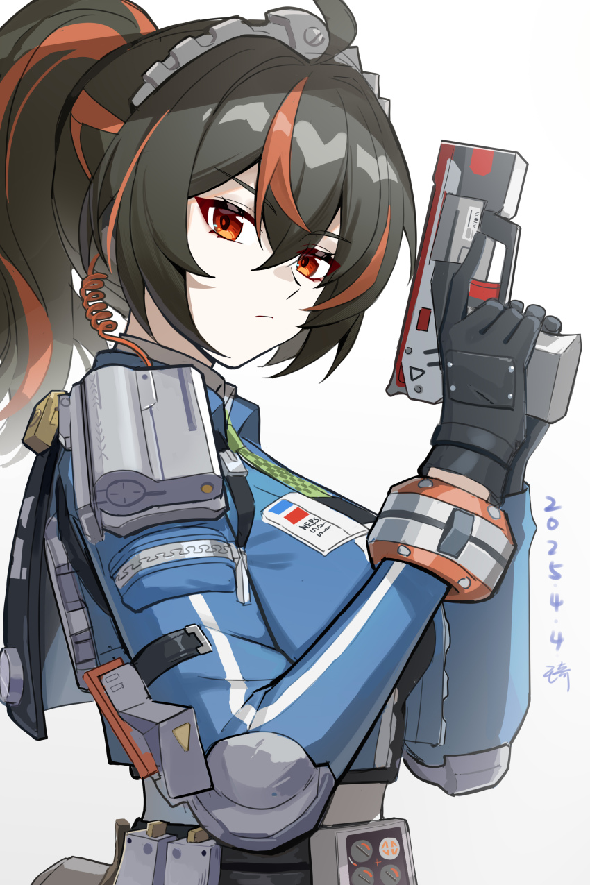 1girl absurdres artist_name black_gloves black_hair blue_jacket breasts commentary_request from_side gloves gun handgun highres holding holding_gun holding_weapon jacket looking_at_viewer maid_headdress multicolored_hair orange_eyes ponytail red_eyes red_hair solo streaked_hair upper_body wangqi weapon white_background zenless_zone_zero zhu_yuan