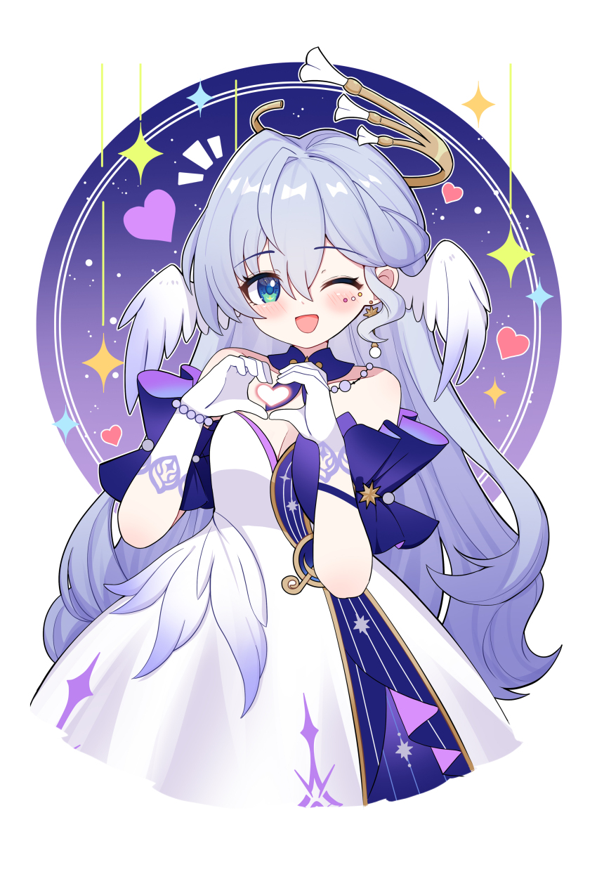 1girl ;d absurdres blue_eyes blue_hair commentary_request detached_sleeves dress ff2074 gloves head_wings heart heart_hands highres honkai:_star_rail honkai_(series) long_hair looking_at_viewer one_eye_closed open_mouth robin_(honkai:_star_rail) short_sleeves smile solo very_long_hair white_dress white_gloves wings