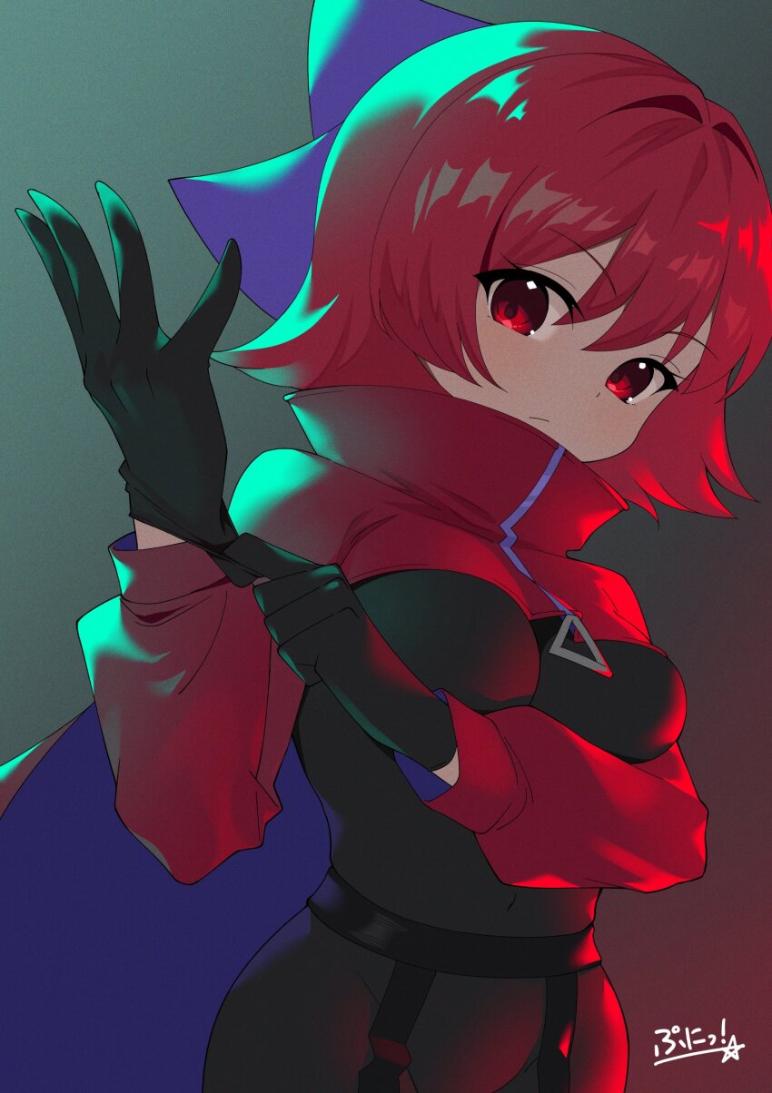 1girl adjusting_clothes adjusting_gloves akatsuki_records black_bodysuit black_gloves blue_bow blue_cape bodysuit bow breasts cape cloak closed_mouth commentary_request covered_navel elbow_gloves gloves gradient_background highres latex latex_bodysuit latex_gloves latex_legwear latex_suit long_glove long_sleeves looking_at_viewer medium_breasts medium_hair puffy_long_sleeves puffy_sleeves punidayo red_cape red_cloak red_eyes red_hare_(fate) rock_&#039;n&#039;_rock_&#039;n&#039;_beat sekibanki simple_background solo touhou zipper_pull_tab