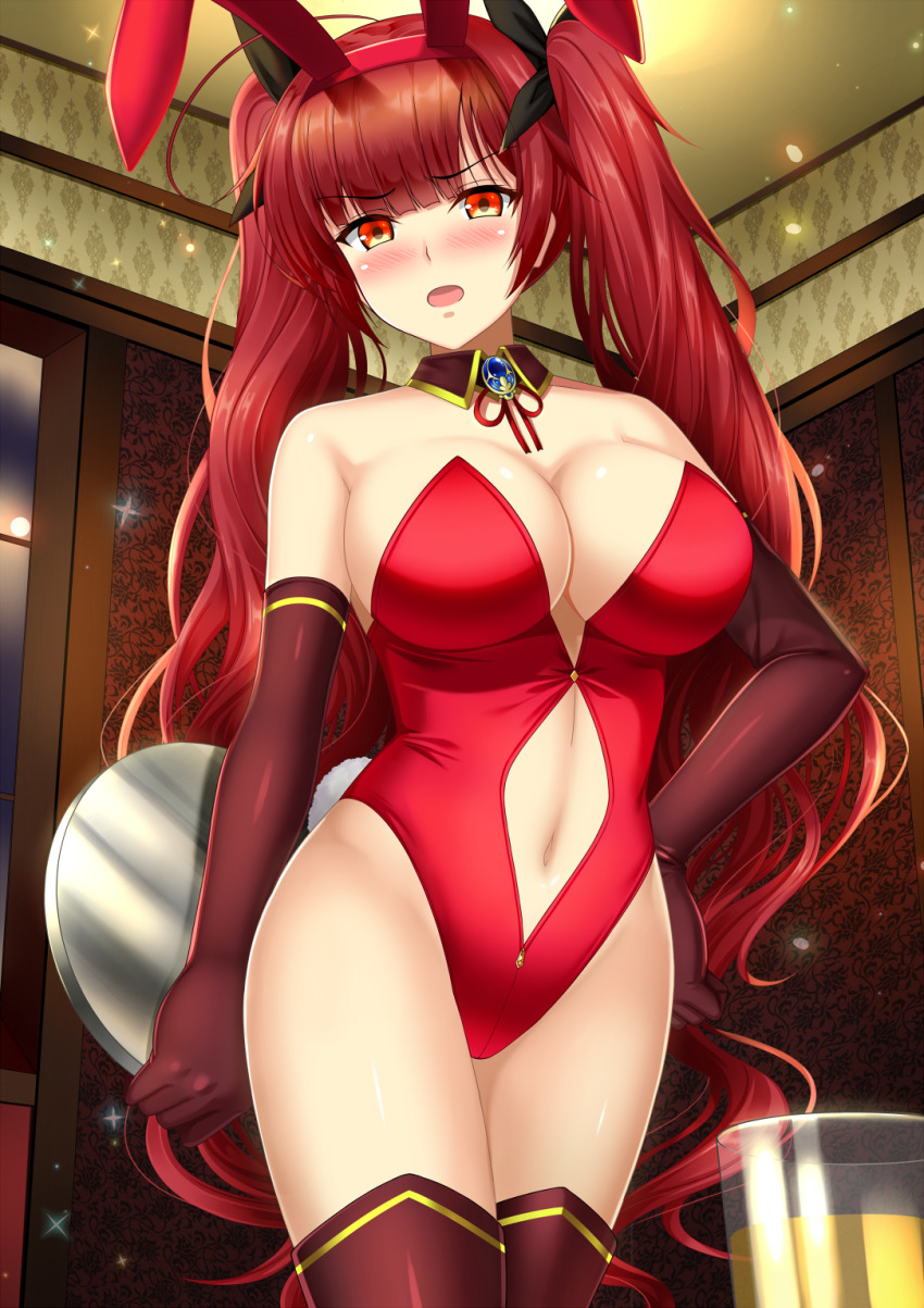 1girl animal_ears azur_lane bad_id bad_pixiv_id bare_shoulders blunt_bangs breasts brooch cleavage clothing_cutout cowboy_shot detached_collar drink elbow_gloves fake_animal_ears fake_tail glass gloves highres honolulu_(azur_lane) jewelry large_breasts leotard long_hair looking_at_viewer navel_cutout open_mouth orange_eyes playboy_bunny rabbit_ears rabbit_tail red_hair shibata_rai tail thighhighs thighs tray twintails very_long_hair waitress