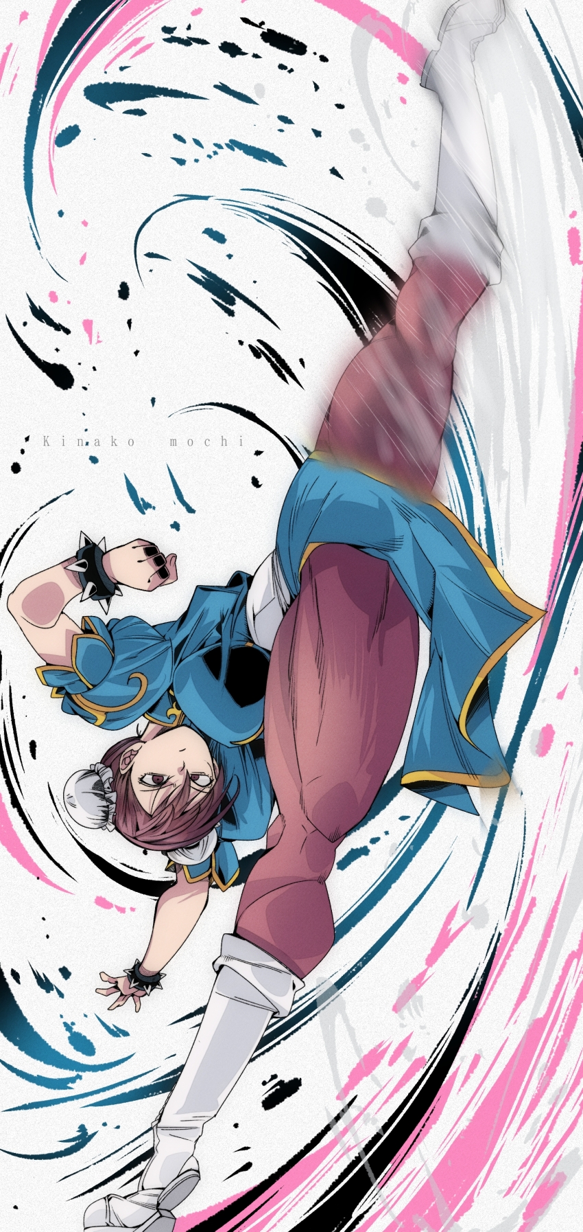 1girl absurdres blue_dress boots bracelet breasts brown_eyes brown_hair brown_pantyhose bun_cover capcom china_dress chinese_clothes chun-li double_bun dress hair_bun high_kick highres jewelry kicking kinakomochi_(user_vedc2333) large_breasts looking_at_viewer motion_lines pantyhose puffy_sleeves short_hair short_sleeves side_slit spiked_bracelet spikes standing standing_on_one_leg street_fighter white_background white_boots