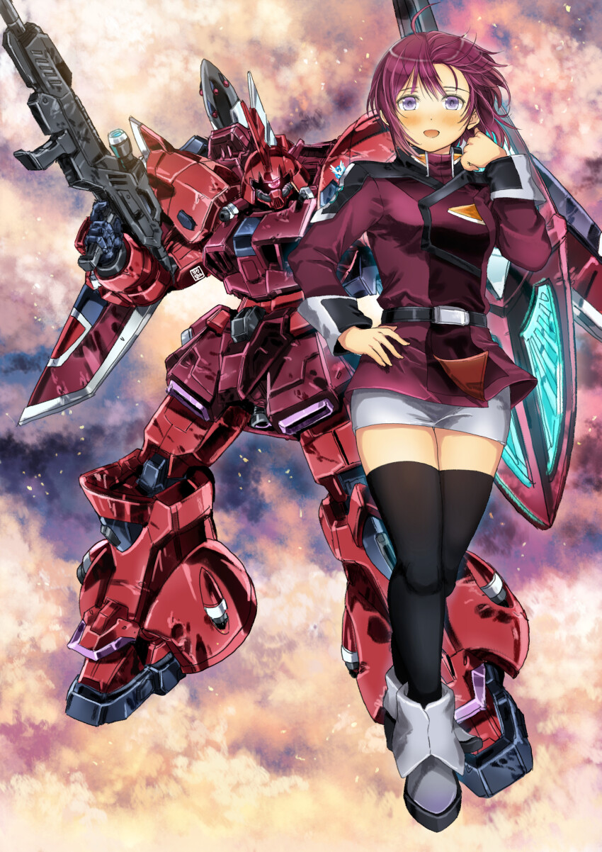 1girl absurdres ahoge beam_rifle blush breasts energy_gun garimpeiro gelgoog glowing glowing_eye gun gundam gundam_seed gundam_seed_freedom highres holding holding_gun holding_weapon looking_at_viewer lunamaria_hawke mecha medium_breasts military military_uniform mobile_suit one-eyed open_mouth purple_eyes red_hair robot science_fiction shield short_hair skirt thighhighs weapon