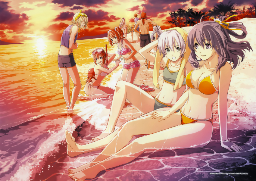 2012 3boys 6+girls absurdres ao_no_kiseki arm_support back barefoot beach bikini bikini_skirt black_hair breasts brown_hair calendar_(medium) cleavage copyright_notice diving_mask eiyuu_densetsu elie_macdowell enami_katsumi fran_seeker frilled_bikini frills goggles green_bikini green_hair grey_hair group_picture half_updo height_difference highres kea_(eiyuu_densetsu) large_breasts lloyd_bannings long_hair medium_breasts multiple_boys multiple_girls navel noel_seeker octopus official_art orange_background orange_bikini partially_submerged ponytail randolph_orlando red_hair rixia_mao short_hair shorts side-tie_bikini_bottom sitting small_breasts snorkel sully_atraid summer sunset swimsuit tio_plato topless_male twintails water wazy_hemisphere zero_no_kiseki