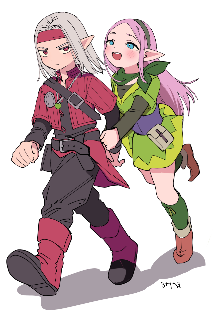 1boy 1girl absurdres aged_down belt black_belt black_pants black_shirt blue_eyes boots colored_eyelashes colored_skin commentary_request corset demon_boy dragon_quest dragon_quest_iv dragon_quest_monsters_3 dress elf floating_clothes floating_hair gem green_dress green_gemstone green_hairband green_neckerchief green_socks grey_shirt hairband headband highres holding_another&#039;s_arm jacket jewelry jitome long_hair miyama_(kannsannn) neckerchief necklace official_alternate_design open_mouth pants parted_hair pink_hair pink_skin pisaro pointy_ears purple_corset red_boots red_eyes red_headband red_jacket red_sash rosalie_(dq4) sash shirt shirt_under_dress socks teeth upper_teeth_only walking white_background white_hair