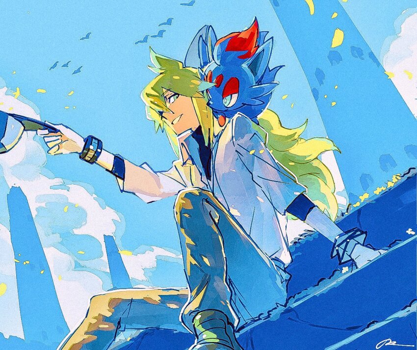 1boy animal arm_support arm_up bird black_fur black_shirt blue_eyes bracelet collared_shirt commentary domu_(hamadura) eye_contact falling_petals gen_5_pokemon green_hair grey_pants grin hat holding holding_unworn_clothes holding_unworn_hat jewelry layered_sleeves long_hair looking_at_another male_focus n_(pokemon) nintendo on_shoulder open_collar pants petals pokemon pokemon_(creature) pokemon_bw pokemon_on_shoulder red_fur shirt sitting sitting_on_stairs smile solo stairs teeth unworn_hat unworn_headwear very_long_hair white_shirt wing_collar zorua
