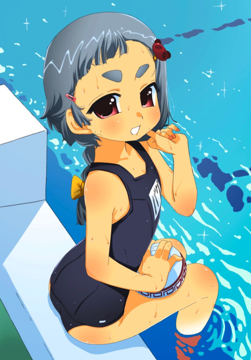 1girl absurdres blue_hair blush flat_chest highres looking_at_viewer one-piece_swimsuit original pool red_eyes school_swimsuit second-party_source short_hair sitting smile solo swimsuit thick_eyebrows veloexotica water wet