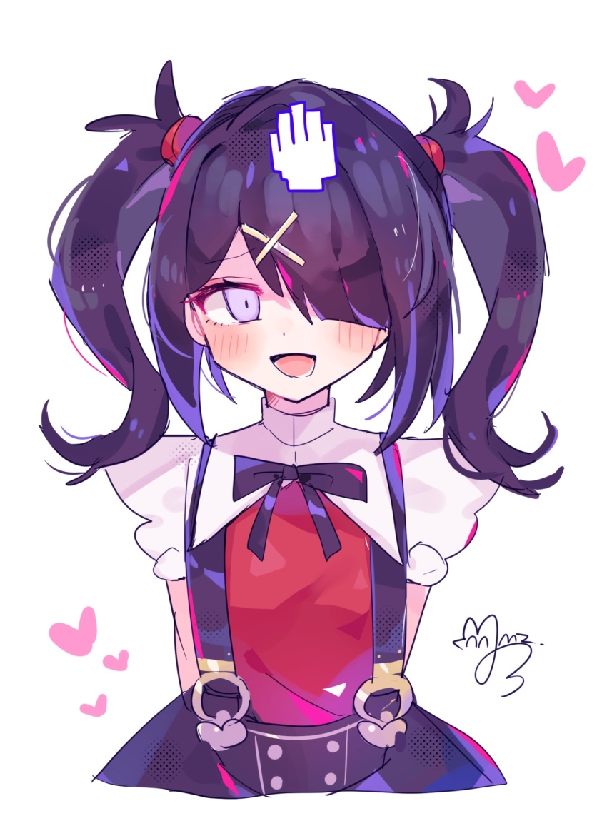 1girl :d ame-chan_(needy_girl_overdose) arms_behind_back black_hair black_ribbon blush collared_shirt commentary_request cropped_legs cursor hair_ornament hair_over_one_eye hand_cursor happy headpat heart highres long_hair looking_at_viewer neck_ribbon needy_girl_overdose open_mouth purple_eyes red_shirt ribbon shirt signature skirt smile solo sushiuma_m suspender_skirt suspenders twintails white_background x_hair_ornament